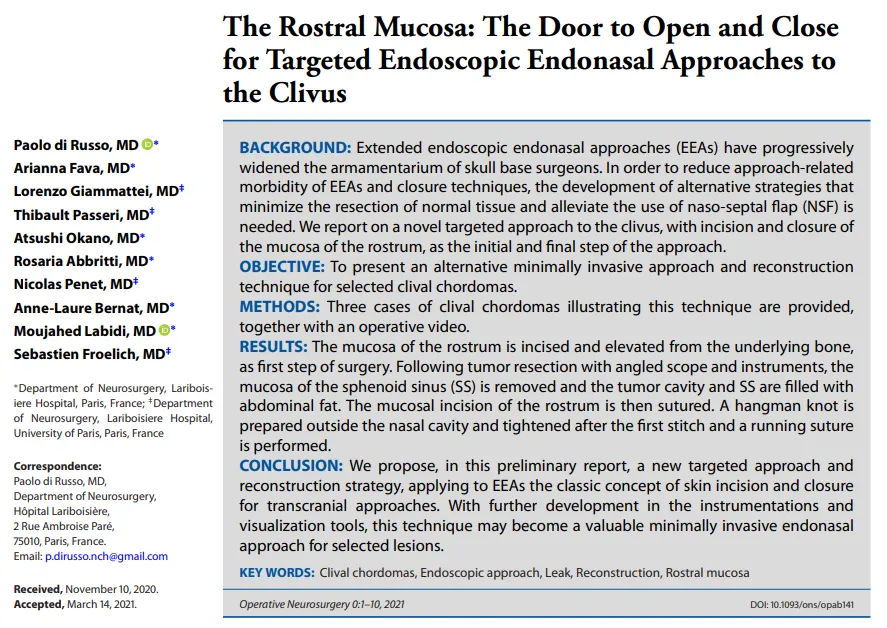 福教授及其團(tuán)隊(duì)成員將結(jié)果——《The Rostral Mucosa:The Door to Open and Close for Targeted Endoscopic Endonasal Approaches to the Clivus》發(fā)表于2021年8月的《Oper Neurosurg（Hagerstown）》雜志。