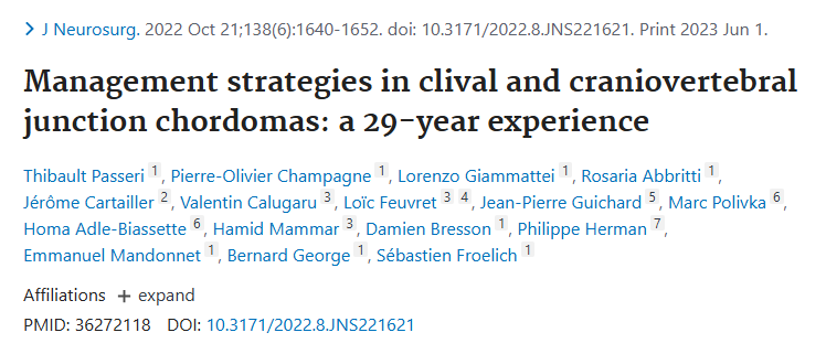發(fā)表于《Journal of Neurosurgery》(神經(jīng)外科雜志)上的論文《Management strategies in clival and craniovertebral junction chordomas: a 29-year experience》發(fā)表于《Journal of Neurosurgery》(神經(jīng)外科雜志)上的論文《Management strategies in clival and craniovertebral junction chordomas: a 29-year experience》
