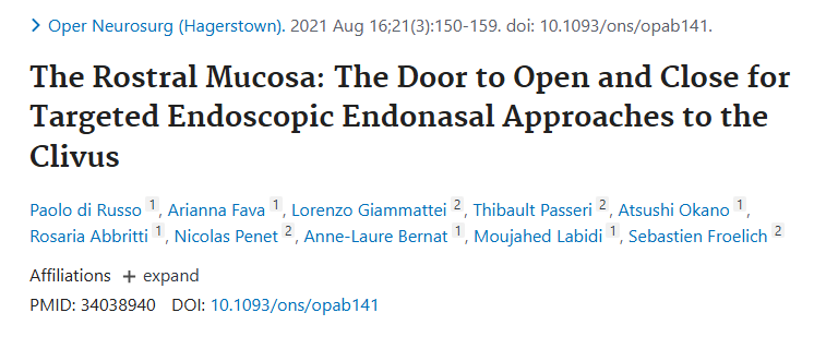 發(fā)表于《Operative Neurosurgery》(臨床神經(jīng)外科)上的論文《The Rostral Mucosa: The Door to Open and Close for Targeted Endoscopic Endonasal Approaches to the Clivus》