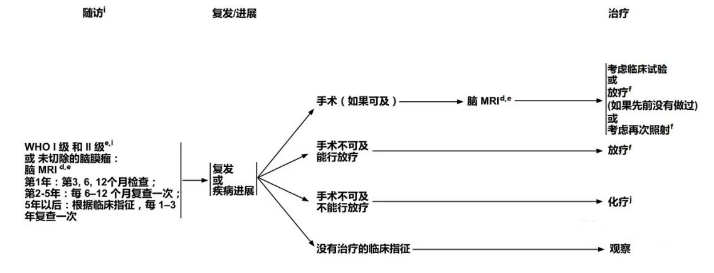 圖：NCCN中樞神經(jīng)系統(tǒng)腫瘤指南2021版-腦膜瘤隨訪、復(fù)發(fā)/進展的治療