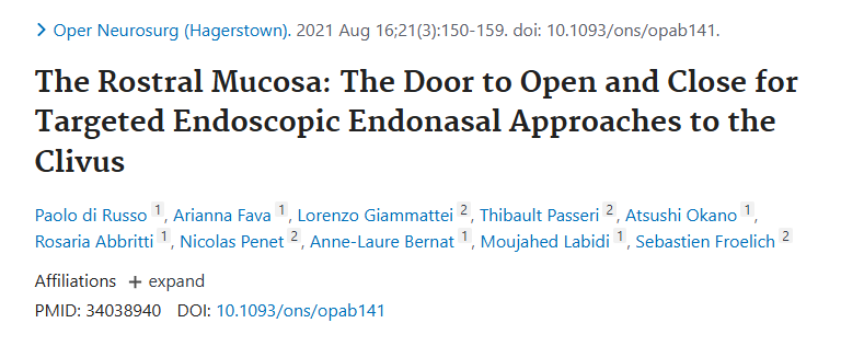 發(fā)表于《Operative Neurosurgery》(臨床神經(jīng)外科)上的論文《The Rostral Mucosa: The Door to Open and Close for Targeted Endoscopic Endonasal Approaches to the Clivus》