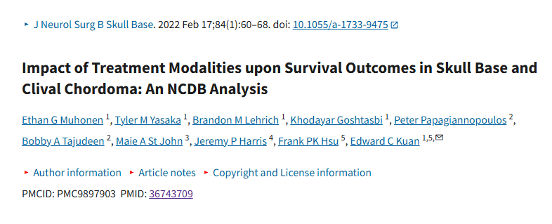 發(fā)布于《Journal of Neurological Surgery Part B: Skull Base》上的論文《Impact of Treatment Modalities upon Survival Outcomes in Skull Base and Clival Chordoma: An NCDB Analysis》(治療方式對(duì)顱底和斜坡脊索瘤生存結(jié)果的影響：一項(xiàng)NCDB數(shù)據(jù)分析)