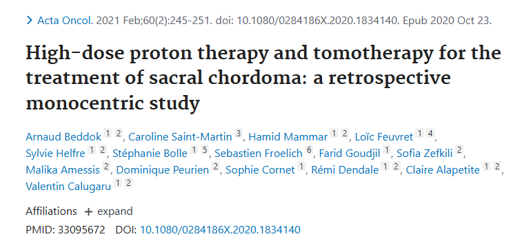 發(fā)布于《《High-dose proton therapy and tomotherapy for the treatment of sacral chordoma: a retrospective monocentric study》(高劑量質(zhì)子治療和斷層放療治療骶骨脊索瘤：一項(xiàng)回顧性單中心研究)
