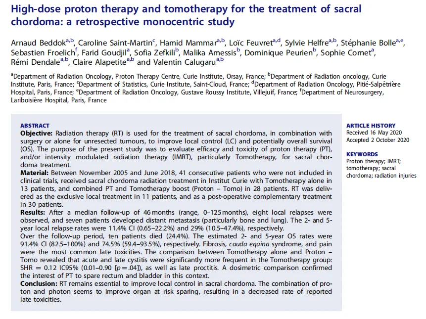 福教授發(fā)表于《Acta Oncologica》期刊上的論文《High-dose proton therapy and tomotherapy for the treatment of sacral chordoma: a retrospective monocentric study》（高劑量質(zhì)子治療和斷層放療治療骶區(qū)脊索瘤：一項(xiàng)回顧性單中心研究）