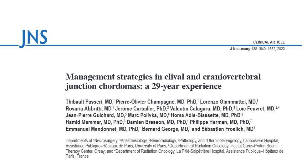 福教授發(fā)表于《Journal of Neurosurgery》期刊上的論文《Management strategies in clival and craniovertebral junction chordomas: a 29-year experience》（斜坡和顱頸交界區(qū)脊索瘤的管理策略：29年經(jīng)驗(yàn)分享）