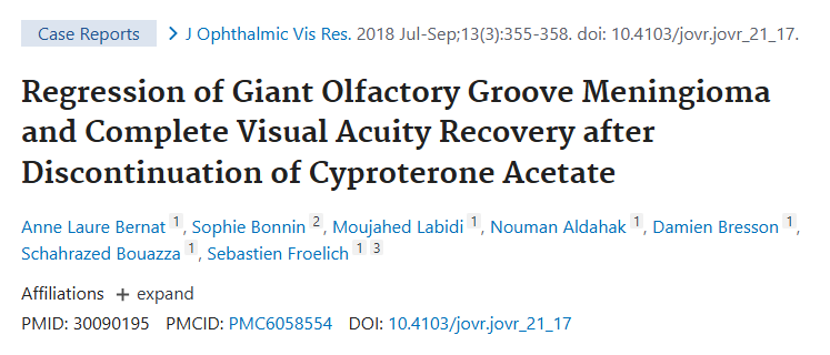 福教授發(fā)布于《Journal of Ophthalmic and Vision Research》上的論文：《Regression of Giant Olfactory Groove Meningioma and Complete Visual Acuity Recovery after Discontinuation of Cyproterone Acetate》(案例報(bào)告：在停用醋酸環(huán)丙孕酮后巨型嗅溝腦膜瘤的消退和視力的完全恢復(fù))