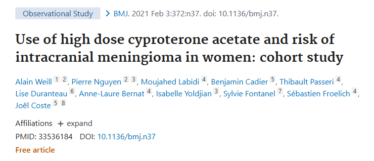 該研究結(jié)果出自福教授發(fā)布于《Bmj-british Medical Journal 》上的論文：《Use of high dose cyproterone acetate and risk of intracranial meningioma in women: cohort study》（高劑量醋酸環(huán)丙孕酮使用與女性顱內(nèi)腦膜瘤風(fēng)險(xiǎn)：隊(duì)列研究）
