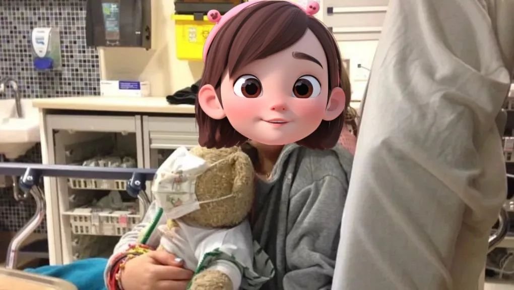 可愛的Jessica在醫(yī)院拿著一個毛絨玩具