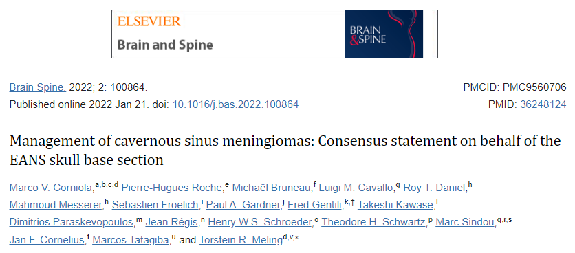 《Management of cavernous sinus meningiomas: Consensus statement on behalf of the EANS skull base section》（海綿竇腦膜瘤的處理：EANS（歐洲神經(jīng)外科學(xué)會(huì)年會(huì)）顱底分會(huì)的共識(shí)聲明）
