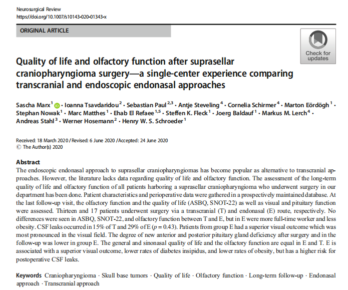 施羅德教授發(fā)表于《Neurosurgical Review》上的論文《Quality of life and olfactory function after suprasellar craniopharyngioma surgery——a single-center experience comparing transcranial and endoscopic endonasal approaches》(生活質(zhì)量與鞍上顱咽管瘤手術(shù)后嗅覺功能——單中心經(jīng)驗(yàn)比較經(jīng)顱入路和內(nèi)鏡鼻內(nèi)入路)