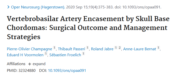 發(fā)表于《Operative Neurosurgery》期刊上的論文《Vertebrobasilar Artery Encasement by Skull Base Chordomas: Surgical Outcome and Management Strategies》(顱底脊索瘤包裹椎基底動脈：手術(shù)結(jié)果與管理策略)