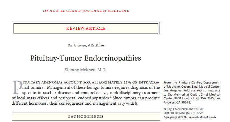 一篇發(fā)表于《The New England Journal of Medecine》的研究向我們展示了垂體內(nèi)分泌性腫瘤的發(fā)病機(jī)制。研究認(rèn)為分化的、激素表達(dá)的垂體細(xì)胞譜系可引起腺瘤的發(fā)生，常伴有自發(fā)的激素超量分泌。不同的癥狀則取決于細(xì)胞的起源。