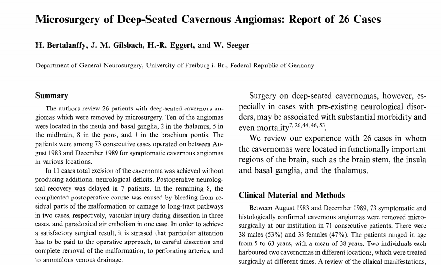 早在1991年，巴教授就已發(fā)布過相關(guān)研究，《Microsurgery of Deep-Seated Cavernous Angiomas: Report of 26 Cases》，巴教授回顧了26例經(jīng)顯微手術(shù)切除的深部海綿狀血管瘤。