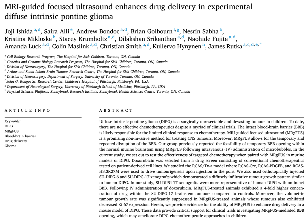Rutka教授發(fā)表于期刊《Journal of Controlled Release》上的論文《MRI-guided focused ultrasound enhances drug delivery in experimental diffuse intrinsic pontine glioma》(磁共振引導(dǎo)聚焦超聲增強實驗性彌漫性內(nèi)生性橋腦膠質(zhì)瘤的藥物遞送)